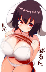 Rule 34 | 1girl, alternate breast size, animal ears, black hair, breasts, cleavage, clothes lift, dress, floppy ears, gero zoukin, highres, huge breasts, inaba tewi, lifting own clothes, oppai loli, pink dress, pink shirt, rabbit ears, rabbit girl, red eyes, shirt, shirt lift, short hair, solo, touhou, wavy hair