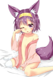 Rule 34 | 10s, 1girl, absurdres, animal ear fluff, animal ears, bad id, bad pixiv id, bed, fang, flat chest, fox ears, fox tail, hairband, hatsuse izuna, highres, no game no life, on bed, open clothes, purple eyes, purple hair, rubbing eyes, setsujou mikene, short hair, single thighhigh, sitting, sleepy, solo, tail, thighhighs, wariza