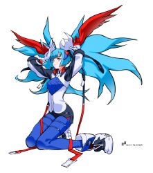 Rule 34 | 1girl, absurdres, arms up, blue hair, closed mouth, english text, gloves, grey background, grey eyes, grey hair, highres, kneeling, long hair, multicolored clothes, multicolored gloves, multicolored hair, naji yanagida, original, red gloves, red hair, shoes, signature, simple background, smile, sneakers, solo, thigh strap, white gloves, white hair