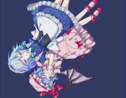 Rule 34 | 2girls, bad id, bad pixiv id, bat wings, blue eyes, blue hair, braid, enone, female focus, hand on another&#039;s cheek, hand on another&#039;s face, hat, izayoi sakuya, maid, multiple girls, remilia scarlet, short hair, silver hair, touhou, twin braids, wings