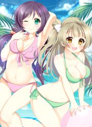 Rule 34 | 10s, 2girls, :d, ;), armpits, ashino, beach, bikini, breasts, brown eyes, brown hair, cleavage, day, frilled bikini, frills, front-tie top, green bikini, green eyes, hair bobbles, hair ornament, large breasts, lens flare, long hair, looking at viewer, love live!, love live! school idol festival, love live! school idol project, medium breasts, minami kotori, multiple girls, navel, one eye closed, open mouth, palm tree, purple hair, side-tie bikini bottom, smile, swimsuit, thigh gap, tojo nozomi, tree, twintails, wink