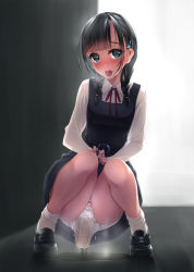 Rule 34 | 1girl, belt, black footwear, black hair, blue dress, blue eyes, blush, braid, breasts, clothes lift, dress, full body, hair ornament, hair tie, hairclip, highres, lifted by self, loafers, long hair, long sleeves, looking at viewer, murakami suigun, neck ribbon, original, own hands together, panties, pee, peeing, peeing self, red ribbon, ribbon, school uniform, shirt, shoes, skirt, skirt lift, sleeveless, sleeveless dress, small breasts, smile, socks, solo, squatting, sweat, tongue, tongue out, twin braids, underwear, upskirt, white panties, white shirt, white socks