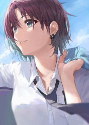 Rule 34 | 1girl, asakura toru, bad id, bad pixiv id, black necktie, blue eyes, blue hair, blue sky, breasts, brown hair, cloud, collared shirt, commentary request, day, dress shirt, earrings, hair between eyes, hand up, highres, idolmaster, idolmaster shiny colors, jacket, jacket over shoulder, unworn jacket, jewelry, looking away, looking to the side, multicolored hair, necktie, outdoors, parted lips, shirt, short hair, sky, small breasts, solo, streaked hair, suketoudara (artist), upper body, white shirt