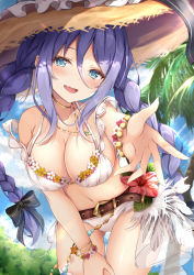 Rule 34 | 1girl, aqua eyes, bare shoulders, belt, bent over, bikini, blush, braid, breasts, brown belt, cleavage, cowboy shot, flower, hair between eyes, hat, highres, jewelry, large breasts, large hat, long hair, looking at viewer, necklace, off shoulder, outdoors, outstretched hand, parted lips, princess connect!, purple hair, rumiko (rmeco), shizuru (princess connect!), shizuru (summer) (princess connect!), smile, solo, straw hat, swimsuit, thigh gap, thighs, twin braids, white bikini