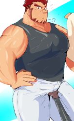 Rule 34 | 1boy, akashi (live a hero), bara, black tank top, bulge, chiseled face, cowboy shot, crotch grab, facial hair, goatee, highres, kaeru333938123, large pectorals, live a hero, long sideburns, looking at viewer, male focus, muscular, muscular male, official alternate costume, pants, pectorals, puff of air, red eyes, red hair, scar, scar on face, scar on nose, short hair, sideburns, solo focus, sweat, tank top, thick eyebrows, thick neck, towel, very sweaty, yaoi