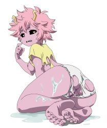 Rule 34 | 1girl, animated, animated gif, antennae, anus, ashido mina, ass, barefoot, black sclera, boku no hero academia, breasts, cleft of venus, colored sclera, colored skin, feet, felipe godoy, foot focus, medium breasts, nipples, panties, pink hair, pink skin, pussy, shirt, simple background, soles, solo, toe scrunch, toes, torn clothes, uncensored, underwear, white panties, yellow eyes, yellow shirt