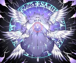 Rule 34 | 1girl, angel, angel wings, bad id, bad pixiv id, barefoot, black background, blue dress, blue eyes, blue hair, blue theme, dress, energy, highly responsive to prayers, highres, kankan33333, layered dress, long hair, long sleeves, looking at viewer, magic circle, matching hair/eyes, multiple wings, outstretched arms, pale skin, sariel (touhou), seraph, sleeveless, sleeveless dress, smile, solo, toes, touhou, touhou (pc-98), very long hair, white dress, wide sleeves, wings