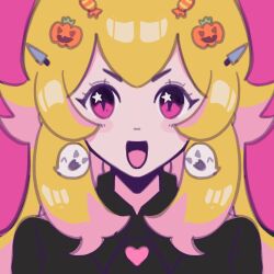 1girl alternate_costume blonde_hair earrings happy jewelry long_hair looking_at_viewer mario_(series) meowwniz multicolored_hair nintendo open_mouth pink_background pink_eyes princess_peach shirt simple_background smile solo sticker sticker_on_hair streaked_hair