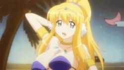 Rule 34 | 00s, 1girl, animated, animated gif, blonde hair, bouncing breasts, breasts, cleavage, dancer, dancing, elf, huge breasts, jewelry, long hair, lots of jewelry, pointy ears, screencap, solo, tiffania westwood, zero no tsukaima