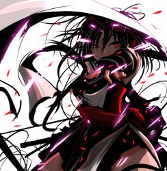 Rule 34 | 10s, 1girl, black hair, cowboy shot, evil smile, fingerless gloves, gloves, hat, japanese clothes, kantai collection, kimono, long hair, long sleeves, looking at viewer, outstretched arm, petals, red eyes, rose petals, sash, scarf, sendai (kancolle), shaded face, shiba yuuki, simple background, smile, standing, thigh strap, two side up, very long hair, white background