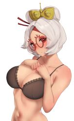 Rule 34 | 1girl, black bra, blush, bra, breasts, closed mouth, eyeshadow, glasses, goggles, goggles on head, gweda, hands on own chest, headband, highres, large breasts, makeup, navel, nintendo, purah, red eyes, red eyeshadow, red headband, short hair, simple background, solo, stomach, the legend of zelda, the legend of zelda: tears of the kingdom, underwear, upper body, white background, white hair