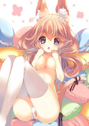 Rule 34 | 1girl, animal ear fluff, animal ears, bad id, bad nicoseiga id, blush, borrowed character, breasts, cat ears, cat tail, chestnut mouth, cleavage, covering breasts, covering privates, food, heart, heart-shaped pupils, knees up, long hair, macaron, no bra, orange hair, original, p19, panties, pantyshot, pink hair, purple eyes, ribbon, solo, symbol-shaped pupils, tail, tail ornament, tail ribbon, thighhighs, topless, underwear, underwear only, white panties, white thighhighs