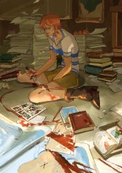 Rule 34 | 1girl, arlong, avenoirn, between legs, blood, blood on hands, bloody knife, book, book stack, brown eyes, brown shorts, collarbone, crumpled paper, crying, crying with eyes open, flying paper, food, fruit, full body, highres, holding, holding knife, indoors, knife, mandarin orange, map (object), nami (one piece), one piece, orange hair, paper, paper stack, shirt, short hair, shorts, sitting, skirt, slouching, solo, striped clothes, striped shirt, sunlight, tears, wanted, wariza, yellow skirt