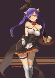 Rule 34 | 1girl, absurdres, alternate costume, alternate hairstyle, animal ears, apron, arm garter, artist name, bare shoulders, beer mug, black bow, black gloves, blush, bottle, bow, bowtie, breasts, bridal garter, cleavage, closed mouth, corset, criss-cross halter, cup, dress, dress tug, drinking glass, eyebrows, eyelashes, food, fruit, gloves, hair between eyes, hair bobbles, hair ornament, hair ribbon, hair up, hairclip, halterneck, highres, holding, holding tray, juice, leaning, long hair, looking away, looking to the side, medium breasts, mug, orange (fruit), orange juice, orange slice, over-kneehighs, rabbit ears, rabbit girl, rabbit tail, red bow, red bowtie, red eyes, reisen udongein inaba, ribbon, shade, shiny clothes, shiny skin, skindentation, solo, sunshine (1638509769), tail, thigh gap, thighhighs, touhou, tray, twintails, waitress, white apron, white thighhighs, x hair ornament