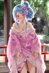 Rule 34 | &gt;:), 1girl, alternate hairstyle, bare shoulders, blue hair, blush, collarbone, dress, female focus, flower, hair flower, hair ornament, hair up, hairclip, highres, hinanawi tenshi, imachi (staccato squirrel), japanese clothes, kimono, nail polish, off shoulder, red eyes, side ponytail, smile, solo, sweat, touhou, v-shaped eyebrows, yukata