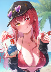 Rule 34 | 1girl, :q, absurdres, baseball cap, beach, bikini, black jacket, blush, breasts, cleavage, closed mouth, condensed milk, cup, day, eyewear on headwear, fingernails, food, hat, heart, heart-shaped eyewear, heart necklace, heterochromia, highres, holding, holding cup, hololive, houshou marine, houshou marine (summer), ichijo kazuya, jacket, jewelry, large breasts, long fingernails, long hair, long sleeves, nail polish, necklace, open clothes, open jacket, outdoors, palm tree, red bikini, red eyes, red hair, red nails, revision, shaved ice, smile, solo, string bikini, suggestive fluid, sunglasses, swimsuit, tongue, tongue out, tree, upper body, virtual youtuber, yellow eyes