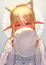 Rule 34 | 1girl, animal ear fluff, animal ears, beret, blonde hair, blush, braid, cat ears, commentary request, dark-skinned female, dark skin, embarrassed, french braid, hat, highres, holding, holding clothes, holding hat, hololive, kemonomimi mode, long hair, long sleeves, looking at viewer, multicolored hair, pointy ears, red eyes, sakumichi, shiranui flare, solo, streaked hair, unworn hat, unworn headwear, virtual youtuber, white hat