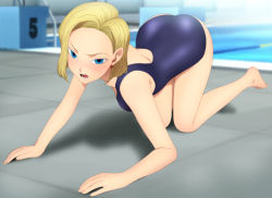Rule 34 | 1girl, absurdres, all fours, android 18, arched back, ass, back, barefoot, blonde hair, blue eyes, blush, breasts, dragon ball, dragonball z, earrings, feet, full body, highres, jewelry, legs, looking at viewer, open mouth, pool, short hair, solo, swimsuit, thighs, water, yadokari genpachirou
