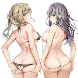 Rule 34 | 2girls, adjusting clothes, ass, ass cutout, back, bare arms, bare back, bare shoulders, bikini, black bikini, black hair, blue eyes, blush, breasts, brown eyes, brown hair, butt crack, clothing cutout, cowboy shot, from behind, grey ribbon, hair ribbon, heart cutout, highres, long hair, looking at viewer, looking back, mahiro (mahiron1062), medium breasts, micro bikini, mouth hold, multiple girls, one-piece swimsuit, original, ribbon, shiny skin, sideboob, simple background, skindentation, slingshot swimsuit, swimsuit, twintails, untied swimsuit, white background, white one-piece swimsuit