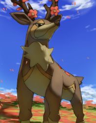 Rule 34 | antlers, black eyes, blue sky, commentary, creatures (company), day, english commentary, flower, game freak, gen 5 pokemon, horns, lowres, nintendo, outdoors, pinkgermy, pokemon, pokemon (creature), sawsbuck, sawsbuck (spring), sky, solo, standing