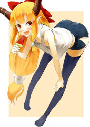 Rule 34 | 1girl, bent over, black thighhighs, bow, brown eyes, downblouse, fang, flat chest, food, fruit, hair bow, hand on own knee, horns, ibuki suika, long hair, looking at viewer, nipples, nishiuri, orange hair, pointy ears, side slit, simple background, solo, tank top, thighhighs, touhou, very long hair, watermelon