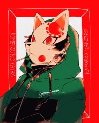 Rule 34 | 1boy, black hair, character name, checkered clothes, checkered jacket, copyright name, covered face, drawstring, earrings, fox mask, green jacket, hood, hood up, hooded jacket, jacket, jewelry, kamado tanjirou, kimetsu no yaiba, long sleeves, male focus, mask, red background, red eyes, rutu, solo, turtleneck, zipper