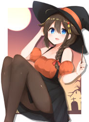 Rule 34 | 1girl, :d, absurdres, alternate costume, bare shoulders, black hat, black skirt, blue eyes, braid, breasts, brown hair, brown pantyhose, collarbone, feet out of frame, full moon, hair flaps, hair ornament, hair over shoulder, hand up, hat, highres, holding, holding wand, kantai collection, knees up, long hair, looking at viewer, moon, open mouth, orange shirt, pantyhose, pleated skirt, puffy short sleeves, puffy sleeves, sakikumo (sakumo), shigure (kancolle), shigure kai ni (kancolle), shirt, short sleeves, single braid, sitting, skirt, small breasts, smile, solo, strapless, wand, witch hat