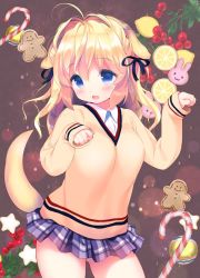 Rule 34 | 1girl, :d, animal ears, berry, black ribbon, blonde hair, blue eyes, blue skirt, blush, breasts, candy, candy cane, collared shirt, dog ears, dog girl, dog tail, dress shirt, fang, food, fruit, gingerbread man, hair between eyes, hair ribbon, hands up, lemon, long hair, long sleeves, open mouth, original, paw pose, piyodera mucha, plaid, plaid skirt, pleated skirt, ribbon, shirt, skirt, sleeves past wrists, small breasts, smile, solo, star (symbol), sweater, tail, tail raised, white shirt, yellow sweater
