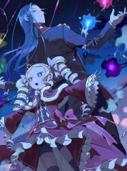 Rule 34 | 1boy, 1girl, back-to-back, beatrice (re:zero), blonde hair, blue eyes, blue hair, dress, drill hair, energy ball, formal, frilled dress, frills, gloves, highres, long hair, magic, multicolored hair, night, night sky, parupin, re:zero kara hajimeru isekai seikatsu, red dress, roswaal l. mathers, sidelocks, sky, star (sky), streaked hair, striped clothes, striped thighhighs, suit, symbol-shaped pupils, thighhighs, twin drills, white gloves