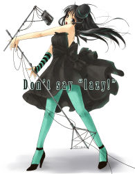 Rule 34 | 00s, 1girl, akiyama mio, black eyes, black hair, blue pantyhose, blunt bangs, don&#039;t say &quot;lazy&quot;, dress, facepaint, hat, high heels, hime cut, k-on!, microphone, microphone stand, mini hat, mini top hat, pantyhose, senri (nazerine), shoes, solo, striped, top hat