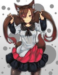 Rule 34 | 1girl, :3, animal ears, arms up, black pantyhose, blush, breasts, brown eyes, brown hair, closed mouth, cowboy shot, fang, fang out, hair between eyes, holding, holding hair, imaizumi kagerou, long hair, long sleeves, looking at viewer, medium breasts, osaname riku, pantyhose, smile, solo, tail, touhou, twintails, wolf ears, wolf tail
