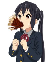 Rule 34 | 1girl, black hair, blazer, blush, brown eyes, food, gentlemen, jacket, k-on!, long hair, long sleeves, meme, mouth hold, nakano azusa, pocky, pocky day, school uniform, shared food, simple background, solo, twintails, watanore, white background, you&#039;re doing it wrong