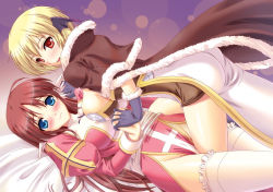Rule 34 | 2girls, ass, bed, between thighs, blonde hair, blue eyes, blush, breast press, breasts, cape, covered erect nipples, frills, frottage, fur, girl on top, gloves, head wings, high priest (ragnarok online), high wizard (ragnarok online), holding hands, interlocked fingers, kawase seiki, large breasts, long hair, looking at viewer, looking back, lying, multiple girls, naughty face, nipples, no panties, ragnarok online, red eyes, short hair, smile, symmetrical docking, thighhighs, thighs, wings, yuri
