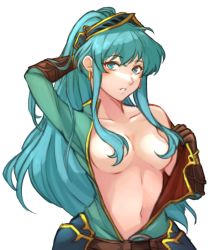 Rule 34 | 1girl, absurdres, alternate hairstyle, arm behind head, bare shoulders, blue eyes, blue hair, breasts, collarbone, convenient censoring, cosplay, earrings, eirika (fire emblem), ephraim (fire emblem), ephraim (fire emblem) (cosplay), female focus, fire emblem, fire emblem: the sacred stones, fire emblem heroes, gloves, hair censor, highres, jewelry, long hair, looking at viewer, matching hair/eyes, medium breasts, midriff, navel, nintendo, official alternate costume, open clothes, ponytail, solo, tridisart, undressing, white background