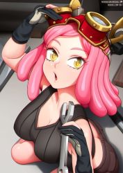 Rule 34 | 10s, 1girl, boku no hero academia, breasts, butt crack, cleavage, collarbone, fingerless gloves, from above, gloves, goggles, goggles on head, hatsume mei, large breasts, looking at viewer, neocoill, pink hair, tank top, watermark, yellow eyes