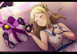 Rule 34 | 10s, 1girl, 2017, :3, blonde hair, blue ribbon, blush, braid, character name, clenched hand, costume, crown braid, double-breasted, dress, unworn dress, closed eyes, hair rings, hand on own chest, happy birthday, highres, letterboxed, long hair, love live!, love live! school idol festival, love live! sunshine!!, lying, mijuku dreamer, ohara mari, on back, rainbow, ribbon, sleeveless, solo, yuama (drop)