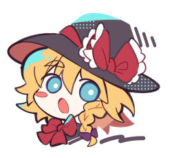 Rule 34 | 1girl, :o, black hat, blonde hair, blue eyes, blush stickers, bow, bowtie, braid, bright pupils, commentary request, cookie (touhou), hair between eyes, hair bow, hat, hat bow, kirisame marisa, looking at viewer, medium bangs, meguru (cookie), misosiru 0224, open mouth, portrait, purple bow, red bow, red bowtie, short hair, side braid, simple background, single blush sticker, single braid, solo, thick eyebrows, touhou, white background, white pupils, witch hat
