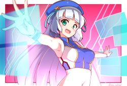 Rule 34 | 1girl, artist name, azu ankoowl, bag, beret, blue hat, bracelet, breasts, crop top, green eyes, gundam, gundam exa, hat, highres, holographic monitor, jewelry, looking at viewer, looking to the side, medium breasts, midriff, navel, purple eyes, silver hair, skin tight, smile, solo, sthesia awar, v-shaped eyebrows
