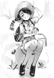 Rule 34 | 1girl, arm up, backpack, bag, braid, collared shirt, commentary, creatures (company), fangs, game freak, greyscale, grin, hand on headwear, hat, highres, juliana (pokemon), kneehighs, looking at viewer, monochrome, nintendo, pokemon, pokemon (creature), pokemon sv, ririko (zhuoyandesailaer), shirt, shoes, short shorts, short sleeves, shorts, sitting, sketch, smile, socks, sprigatito, thick eyebrows, tree