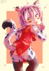 Rule 34 | 1girl, :3, ahoge, animal ears, black thighhighs, blush, body fur, china dress, chinese clothes, dated, dress, dumpling, eating, falling petals, female focus, floral print, food, from behind, furry, furry female, highres, holding, holding food, leopard ears, leopard girl, leopard tail, looking at viewer, looking back, no panties, original, petals, piporinton, print dress, red dress, sleeveless, sleeveless dress, solo, tail, thighhighs, twitter username, yellow eyes