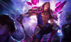 Rule 34 | 2boys, abs, armor, brown hair, clothes, crowd, crystal, gem, gloves, jewelry, league of legends, long hair, looking at viewer, male focus, multiple boys, muscular, necklace, official art, pants, pectorals, shoulder pads, smile, taric, weapon