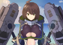Rule 34 | 1girl, absurdres, ahoge, azur lane, baltimore (azur lane), black shirt, blue coat, blue sky, braid, breasts, brown hair, center opening, closed mouth, clothes writing, clothing cutout, cloud, coat, commentary request, crossed arms, day, dress, french braid, hair between eyes, highres, hood, hood down, hooded coat, impossible clothes, impossible shirt, large breasts, long sleeves, looking at viewer, meda otoko, multicolored coat, ocean, open clothes, open coat, rigging, shirt, short hair, sidelocks, sky, smile, solo, standing, stomach, stomach cutout, twitter username, underboob, underboob cutout, upper body, white dress, yellow eyes