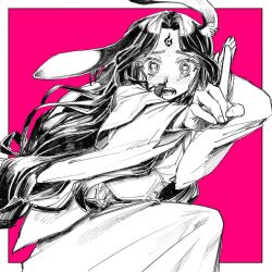 Rule 34 | animal ears, blood, che-che check one two! (vocaloid), cherico (style), crying, greyscale with colored background, heart, heart-shaped pupils, index finger raised, long hair, long sleeves, looking at viewer, luo binghe, nosebleed, open mouth, parted bangs, rabbit ears, renzha fanpai zijiu xitong, symbol-shaped pupils, very long hair, vocaloid, w5, wide sleeves
