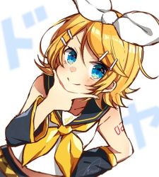 Rule 34 | 1girl, asagao minoru, bare shoulders, belt, black collar, black shorts, blonde hair, blouse, blue eyes, blush, bow, closed eyes, collar, commentary, crop top, detached sleeves, doyagao, dutch angle, hair bow, hair ornament, hairclip, hand on own chin, kagamine rin, light blush, looking at viewer, neckerchief, sailor collar, school uniform, shirt, short hair, shorts, shoulder tattoo, smile, smug, solo, stroking own chin, swept bangs, tattoo, treble clef, upper body, v-shaped eyebrows, vocaloid, white background, white bow, white shirt, yellow neckerchief