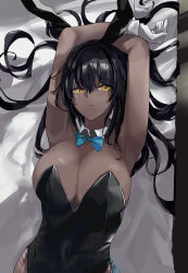 Rule 34 | 1girl, animal ears, armpits, arms up, bed sheet, bekusi3250, black hair, black leotard, blue archive, blue bow, blue bowtie, bow, bowtie, breasts, closed mouth, covered navel, curvy, dark-skinned female, dark skin, detached collar, fake animal ears, fishnet pantyhose, fishnets, gloves, hair between eyes, highres, karin (blue archive), karin (bunny) (blue archive), large breasts, leotard, long hair, looking at viewer, lying, official alternate costume, on back, pantyhose, playboy bunny, rabbit ears, solo, traditional bowtie, white gloves, wide hips, wrist cuffs, yellow eyes