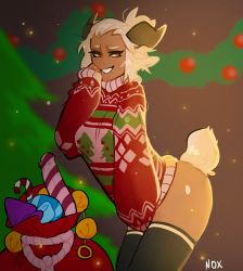 Rule 34 | 1girl, anal beads, animal ears, black thighhighs, breasts, butt plug, candy, candy cane, christmas, christmas sweater, christmas tree, clothes tug, dark-skinned female, dark skin, dildo, fictional persona, food, hand to own mouth, highres, horns, laughing, leaning forward, medium breasts, naked sweater, nox (neum), orange eyes, original, print sweater, red sweater, sack, sex toy, sheep ears, sheep horns, sheep tail, solo, sweatdrop, sweater, sweater tug, tail, thighhighs, updo