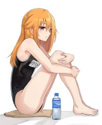 Rule 34 | 1girl, bare arms, bare legs, bare shoulders, barefoot, black one-piece swimsuit, blonde hair, blush, body blush, bottle, brown eyes, closed mouth, clothes writing, commentary request, competition school swimsuit, competition swimsuit, expressionless, from side, full body, hair between eyes, hugging own legs, idolmaster, idolmaster cinderella girls, legs together, long hair, looking away, naga1047, one-piece swimsuit, school swimsuit, simple background, sitting, solo, swimsuit, towel, tsurime, water bottle, white background, yuuki haru