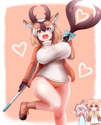 Rule 34 | &lt;o&gt; &lt;o&gt;, 3girls, :&lt;, :d, ?, animal ear fluff, animal ears, black gloves, blush, breasts, brown eyes, buruma, cheetah (kemono friends), chibi, commentary, daddy pomgi, extra ears, fang, foot out of frame, gloves, gradient hair, greater roadrunner (kemono friends), hair between eyes, heart, highres, horns, impossible clothes, jacket, kemono friends, kemono friends 2, large breasts, light brown hair, looking at viewer, medium hair, multicolored hair, multiple girls, open mouth, pronghorn (kemono friends), simple background, skin fang, smile, solo focus, staff, standing, standing on one leg, sweat, track jacket, unaligned breasts, white hair