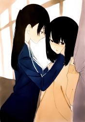 Rule 34 | 2girls, bad id, bad twitter id, black hair, bloom, blush, curtain grab, curtains, embarrassed, from side, hand on another&#039;s cheek, hand on another&#039;s face, highres, long hair, looking at another, looking away, medium hair, multiple girls, necktie, ogino jun, original, ponytail, school uniform, sleeves past wrists, standing, window, yuri