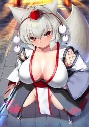 1girl animal_ears black_kimono black_skirt breasts breasts_apart collarbone detached_sleeves fishnet_fabric fishnets from_above full_body geta grey_hair grey_tail hat head_tilt highres holding holding_sword holding_weapon inubashiri_momiji japanese_clothes katana kimono kourindou_tengu_costume large_breasts long_sleeves looking_at_viewer no_bra no_panties onomiya pelvic_curtain pom_pom_(clothes) red_eyes red_hair red_kimono sandals side_slit skirt socks standing sword tail tokin_hat torii touhou weapon white_hair white_kimono white_sleeves white_socks wide_sleeves wolf_ears wolf_tail